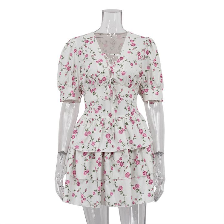 V-neck Tie Ruffle Floral Short-sleeved Sexy A-line Dress 2026 New European And American Women's Fashion_ecoleips.com