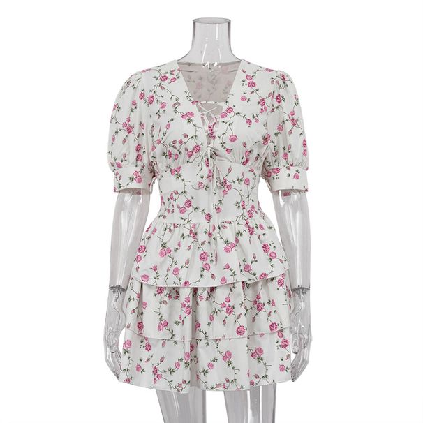 V-neck Tie Ruffle Floral Short-sleeved Sexy A-line Dress 2026 New European And American Women's Fashion_ecoleips.com