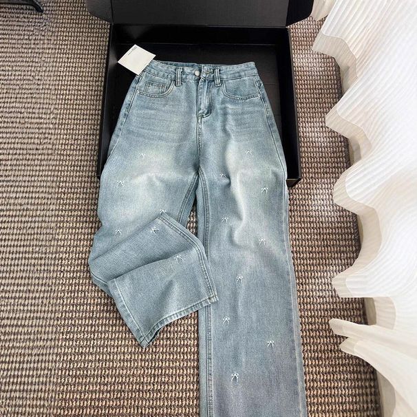 Women's Light Blue Bow Embroidery Wide Leg Jeans, Casual High Waist Loose Denim Pants, Daily Streetwear Straight Leg Trousers With Delicate Bow Detail_ecoleips.com