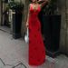 ng2510292 Cross-border European And American Women's Vintage Red Knitted Suspender With Hand-crocheted Floral V-neck Slim-fit Long_ecoleips.com
