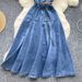 Women's Clothing Retro Design V Neck Ruffle Stitching Single Breasted Waist Slimming Temperament Knee Length Denim Dress_ecoleips.com