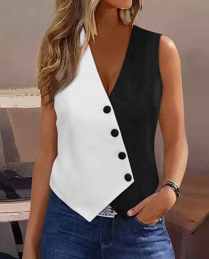Elegant Black & White Contrast V-Neck Cross Wrap Blazer Vest For Women, Slim Fit Short Sleeveless Waistcoat, Stretchy Polyester_ecoleips.com