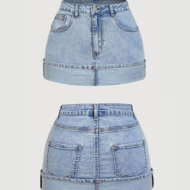 High Waisted Rolled up Denim Mini Skirt for Women Versatile Sexy Anti Exposure Short Skirt for Travel_ecoleips.com