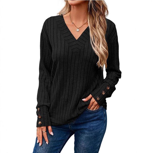 Women's Fall Winter Women's Long Sleeve V-Neck Shirt Solid Color Button T-Shirt Comfortable And Casual_ecoleips.com