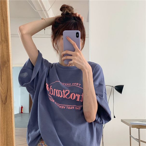 Korean Style Oversized Women's T-Shirt Long Loose Fit Cotton Top Student Casual Print Summer Fashion_ecoleips.com