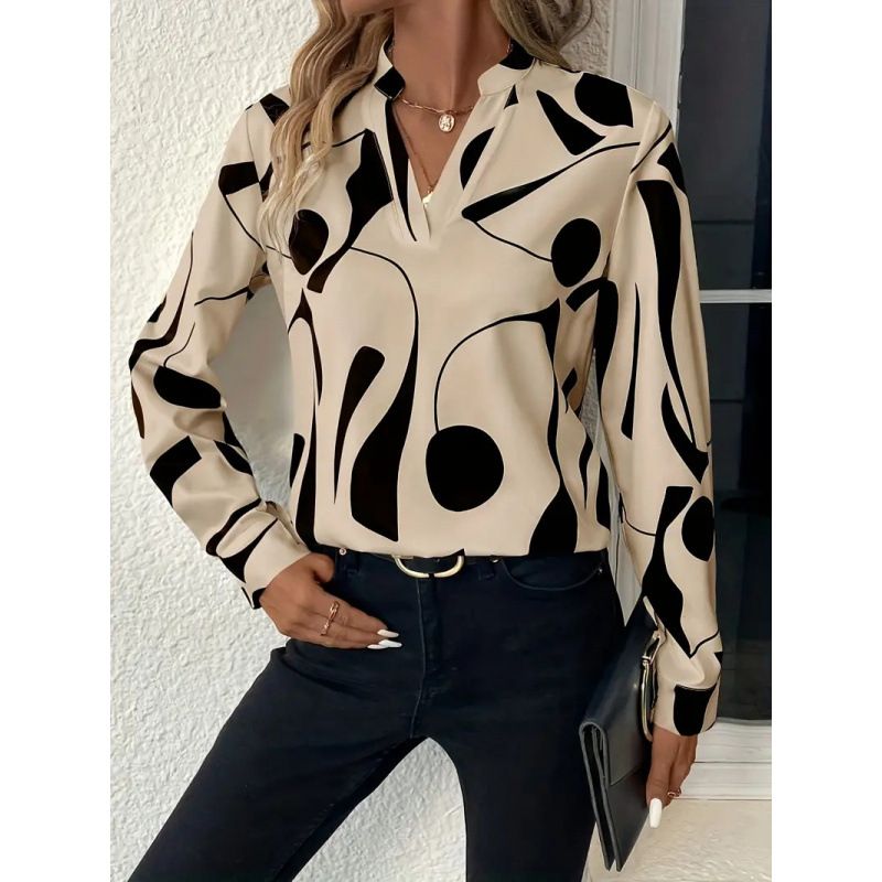 Aria Basics Aria Basics In-stock European And American Cross-border Foreign Trade Women's Printed Notched Collar Casual Long-sleeve_ecoleips.com