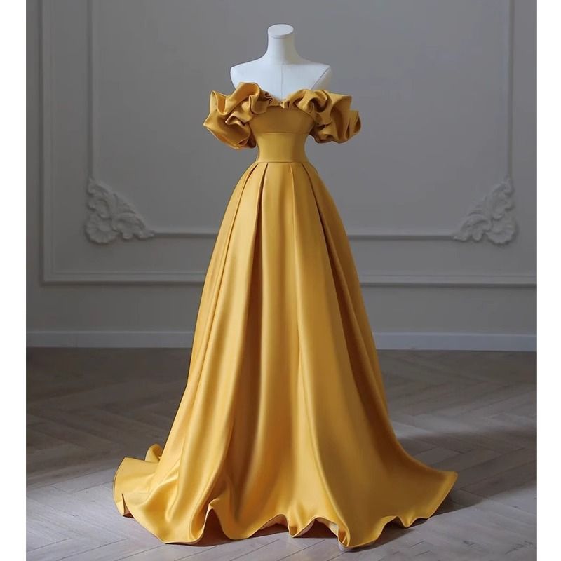Women's Clothing One Shoulder Banquet Evening Dress For Women Satin Yellow Temperament Light Luxury Niche High End Art Exam Host Dress_ecoleips.com