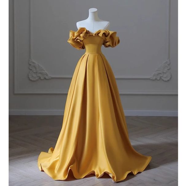 Women's Clothing One Shoulder Banquet Evening Dress For Women Satin Yellow Temperament Light Luxury Niche High End Art Exam Host Dress_ecoleips.com