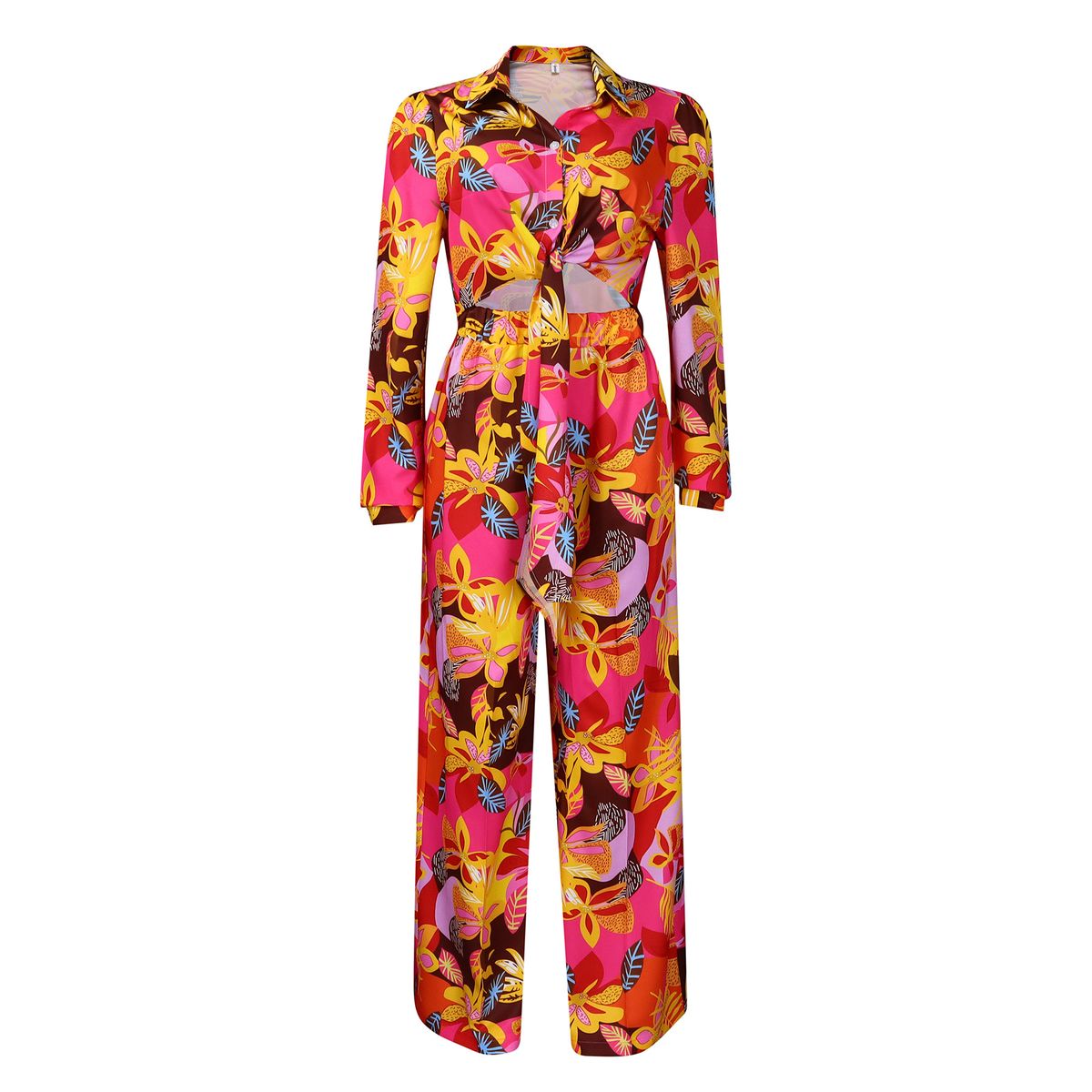 Women's Clothing New Fashion Print Two Piece Suit Lapel Tie Shirt Wide Leg Pants Suit_ecoleips.com