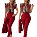 2024 New Casual Fashion Slim Fit Printed Ruffle Sleeve Single-Breasted Top Solid Color Pants With Belt Set For Women_ecoleips.com