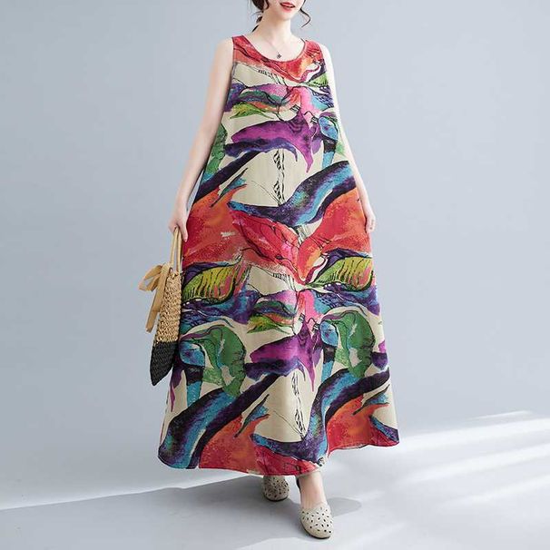 Summer New Vintage Floral Linen A-line Long , Plus Size, Pullover, Sleeveless, Round Neck, Mid-length Cotton-linen_ecoleips.com