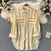 Selected Japanese And Korean Casual Mid-Length Striped Cardigan With Single Row Pockets For Women's Wholesale_ecoleips.com