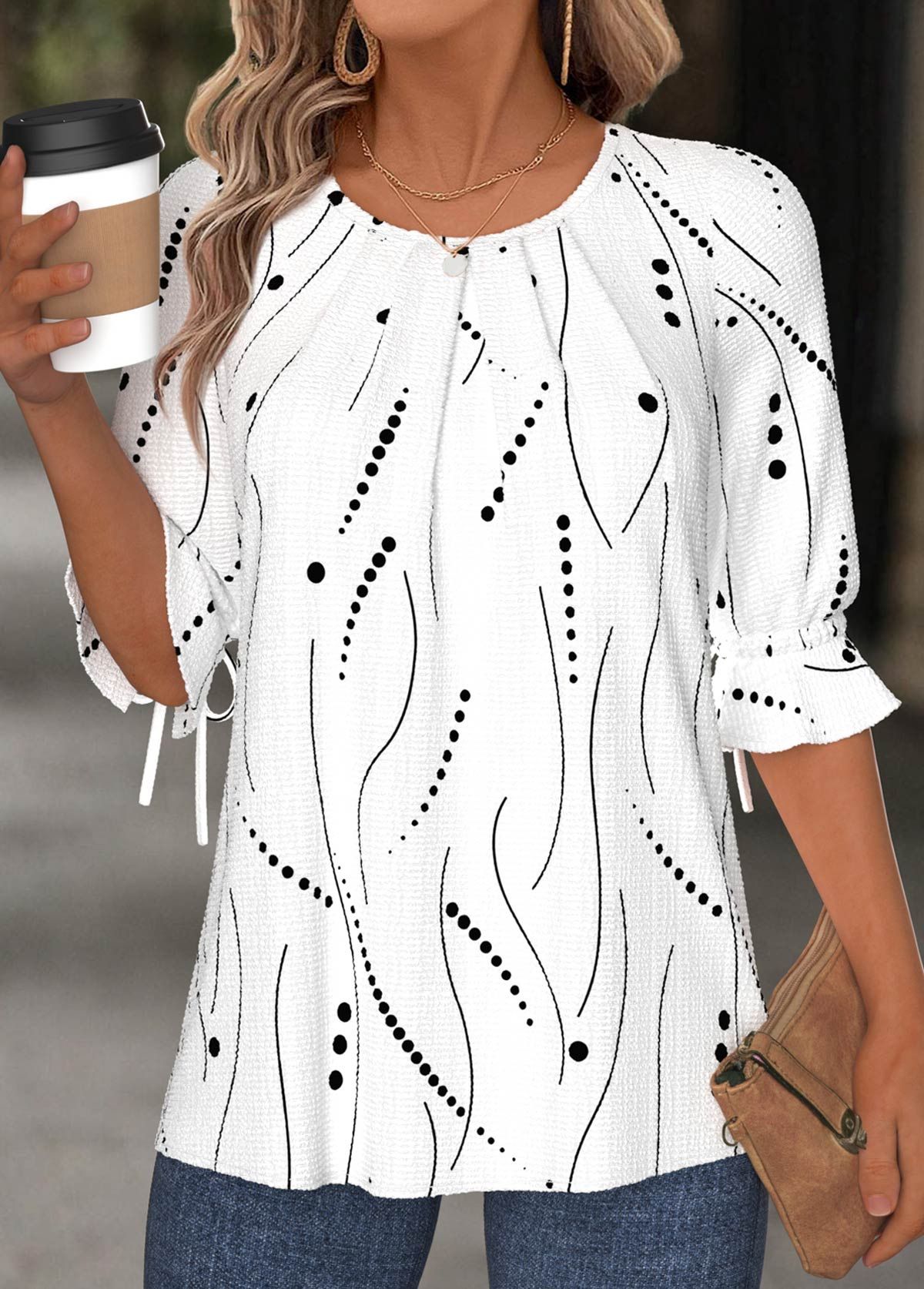 2025 Cross-Border European And American New Round Neck Mid-Sleeve Loose Printed Shirt Women's Top_ecoleips.com