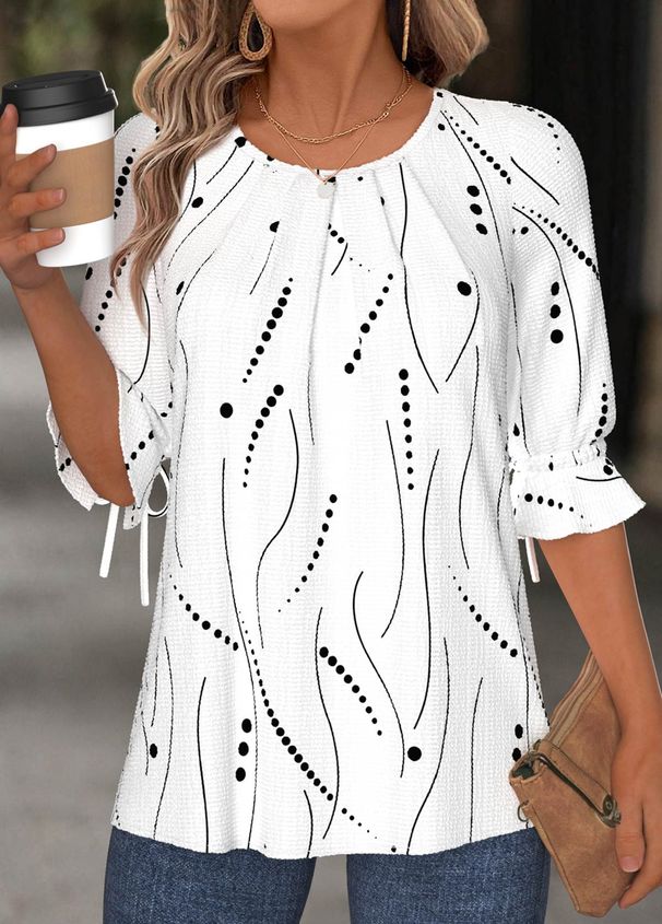 2025 Cross-Border European And American New Round Neck Mid-Sleeve Loose Printed Shirt Women's Top_ecoleips.com