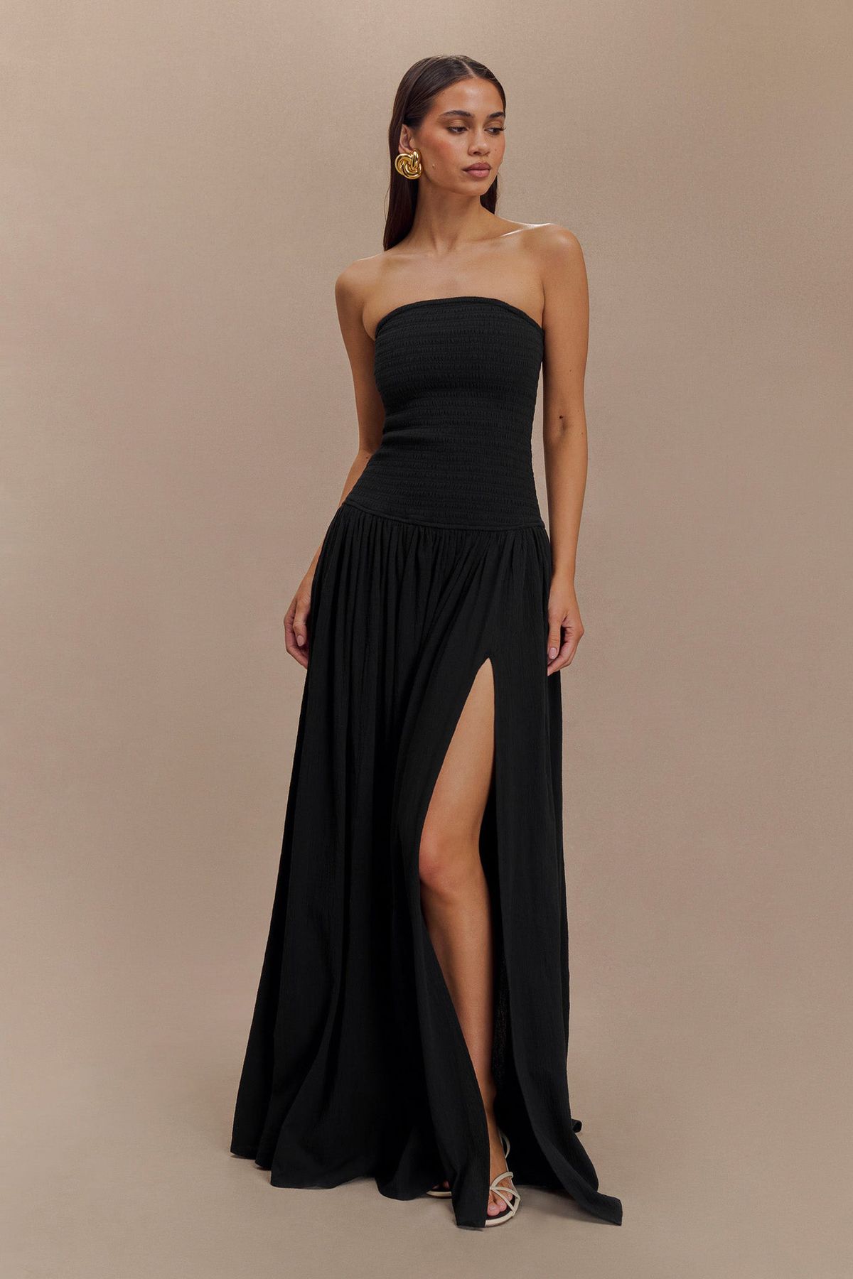 Women's Solid Color Sleeveless Backless Pleated Ruched Strapless Slim Fit Long Maxi Dress_ecoleips.com