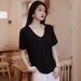 Black Slimming V-Neck Short-Sleeved T-Shirt For Women's Wear In Summer 2026. Casual, Loose, Off-The-Shoulder Top For Sli_ecoleips.com