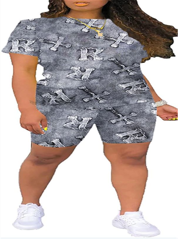 Women's Printed Sportswear Set Short Sleeved Round Neck Casual Two Piece Energetic Autumn Winter Shorts_ecoleips.com