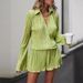 Women's Casual Solid Color Pleated Lapel Long Sleeve Top & 5-Point Shorts Set Comfort Outfit (XS/S/M/L/XL, Green)_ecoleips.com