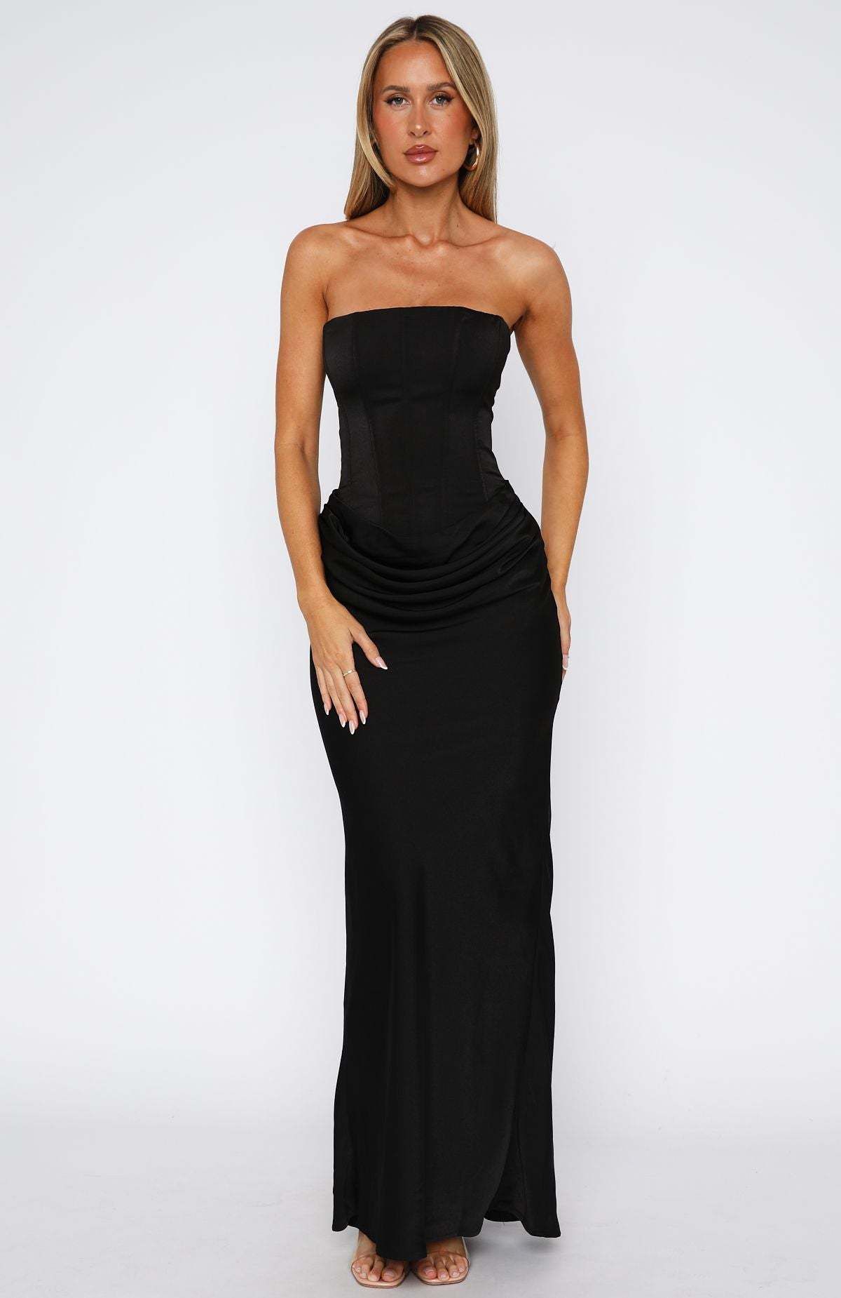 Women's High End Satin Strapless Tie Back Corset Bone Bodycon Pencil Long Maxi Dress_ecoleips.com