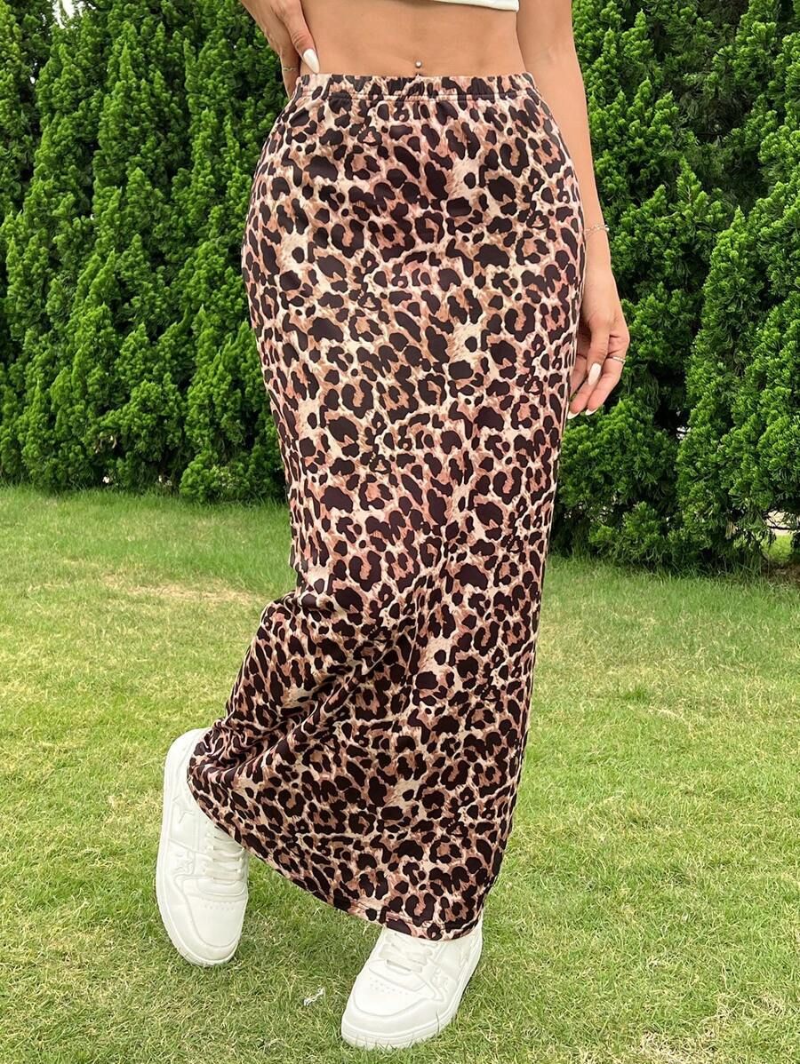 Women's High-Waisted Midi Skirt Leopard Print Knit Knee-Length Fitted Spring New Arrival_ecoleips.com