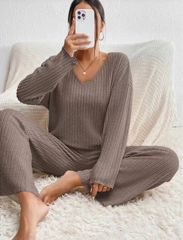 Women's Clothing New V Neck Loose Casual Pit Stripe Brushed Long Sleeve Suit_ecoleips.com