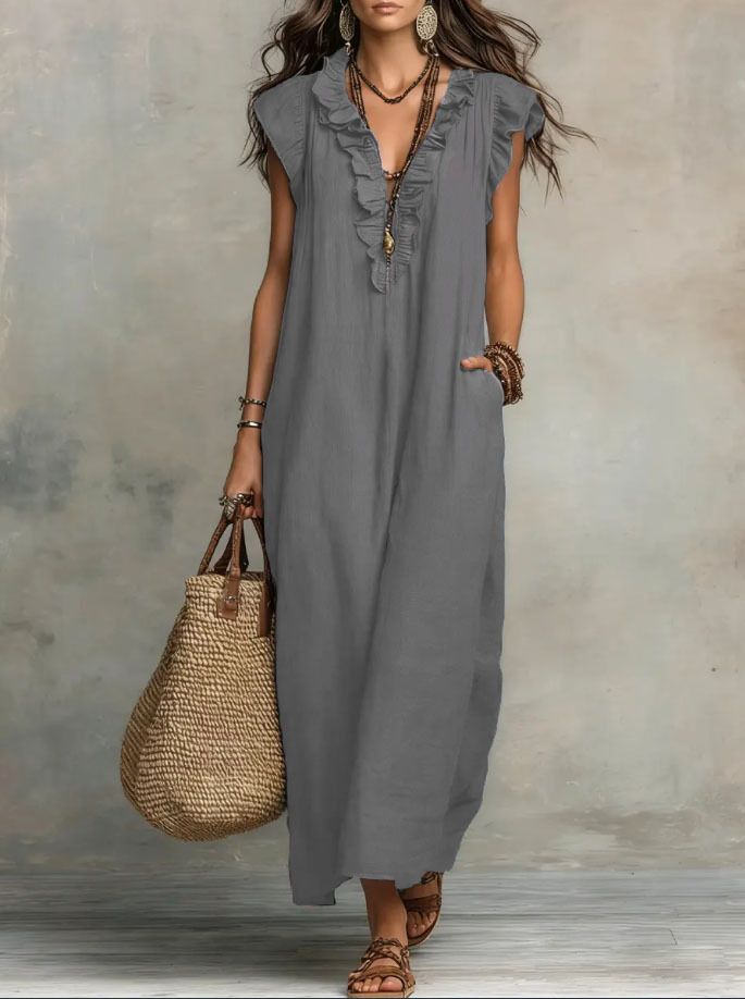 Boho Chic Flutter Sleeve Maxi Dress For Women - Flowy Summer Beach Dress With Elastic Waist_ecoleips.com