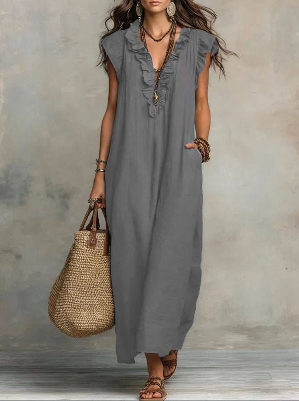 Boho Chic Flutter Sleeve Maxi Dress For Women - Flowy Summer Beach Dress With Elastic Waist_ecoleips.com
