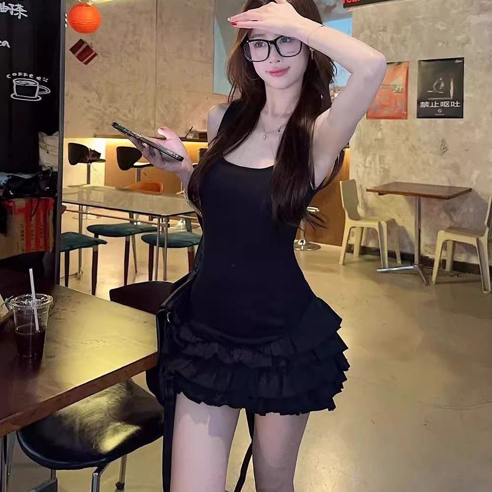 Women's Ballet Style Pure Alluring Suspender Dress Slim Fit Waist Cinching Ruffled Cake Skirt Vest Tulip Skirt Summer Dress_ecoleips.com