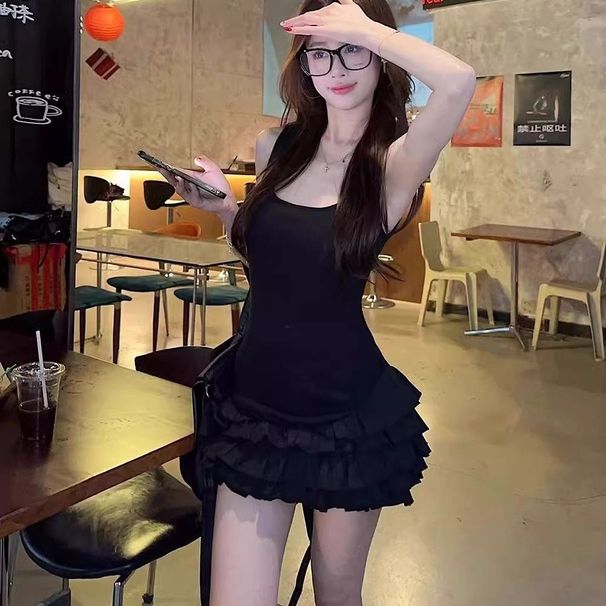 Women's Ballet Style Pure Alluring Suspender Dress Slim Fit Waist Cinching Ruffled Cake Skirt Vest Tulip Skirt Summer Dress_ecoleips.com