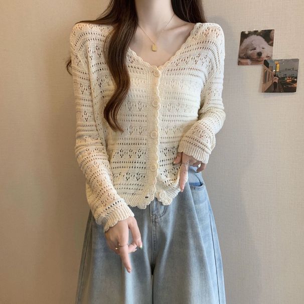Summer Hollow Knit Cardigan New Women's Collar Thin Coat Air Conditioning Shawl Sun Protection Long Sleeve Short Top_ecoleips.com