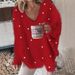 Women's V-Neck Beaded Sweater – Trendy Oversized Knit Top For Casual & Streetwear (S-XXL, Acrylic-Polyester Blend, Lightweight Comfort In 4 Colors)_ecoleips.com