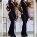 Women's Clothing elegant mesh sleeves V neck button pockets high waist lace up solid color slim jumpsuit_ecoleips.com