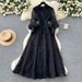 French Retro Elegant Women's Long Dress High End Stand Collar Single Breasted Waist Cinching Embroidered Mesh New Style_ecoleips.com