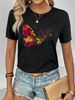 Women's Casual Black T-Shirt round Neck Short Sleeve Butterfly Print European American Style Sportswear Top for Summer_ecoleips.com