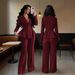 Elegant Flared Pantsuit Set For Women - Slim Fit Blazer & High-Waist Trousers, Office To Evening (Black/Red/Cream)_ecoleips.com