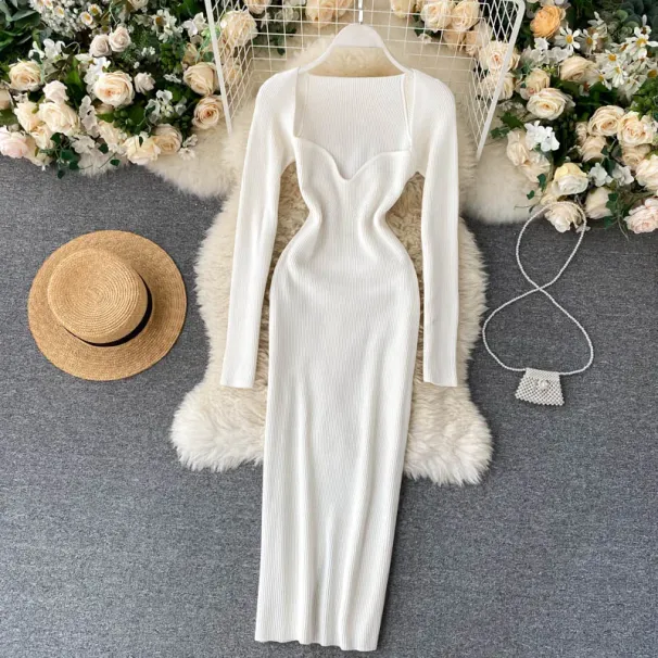 Dresses For Women 2026 Sexy Strapless Ribbed Knitted Bodycon Dress Women Winter Long Sleeve Midi Sweater Dress Clothes_ecoleips.com