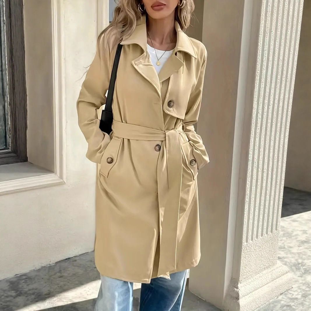 "Elegant Belted Trench Coat For Women - Slim-Fit Long Jacket With Button Front & Pockets, Khaki (S-XXL)"_ecoleips.com