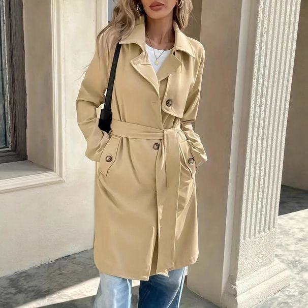 "Elegant Belted Trench Coat For Women - Slim-Fit Long Jacket With Button Front & Pockets, Khaki (S-XXL)"_ecoleips.com