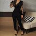 new solid color V neck mesh slim long sleeved jumpsuit trousers large stock_ecoleips.com