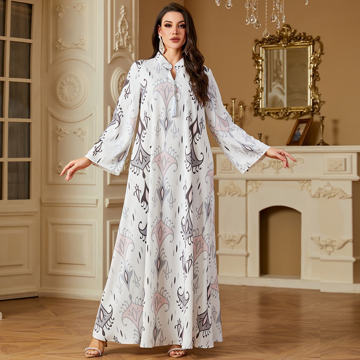 4240 Women's Muslim Abaya Fashion Digital Print Long Arabic Dress_ecoleips.com