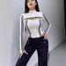 Edgy High-Neck Zip-Up Bodysuit With Cut-Out Detail & Contrast Stripes, White Long Sleeve Jumpsuit For Street Style_ecoleips.com