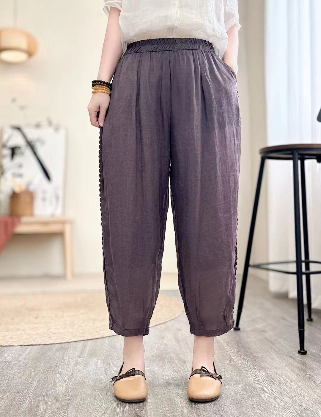 Suitable For All Seasons Sand Washed Ramie Harem For Women 2025 Summer New Casual Fashion Buckle Design Slim Linen Pants_ecoleips.com