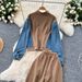 Women's Clothing Fashion Suit For Women Casual Contrast Color Stitching Stand Collar Zipper Two Piece Top High Waist Denim Wide Leg Pants_ecoleips.com