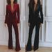 Korean Velvet Blazer & Pants Set - Women's Autumn Winter Office & Party Outfit (Burgundy/Black, S/M/L/XL)_ecoleips.com