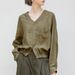 Linen V Neck Raglan Long Sleeve Shirt Yarn Dyed Woven Texture Loose Cocoon Shape Vintage Style Spring Arrival Women's Top_ecoleips.com