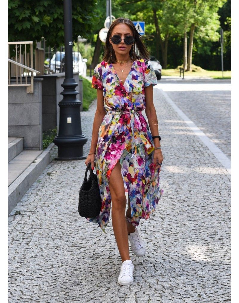 Summer V Neck Printed Dress Women's Tie Waist Casual Maxi Dress_ecoleips.com