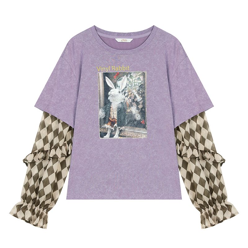 ELFSACK 2025 Y2K Long Sleeve Top Women Romantic Loose Round Neck Long Sleeve T-Shirt Fake Two-Piece Ruffle Sleeve Cute Print Top_ecoleips.com