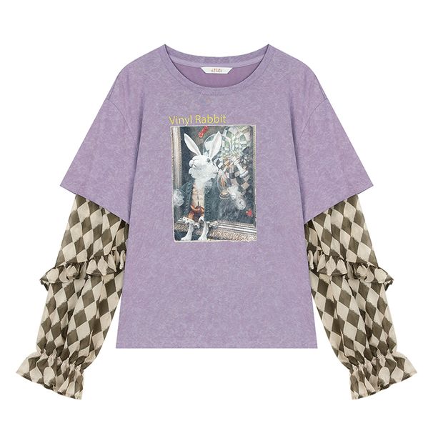 ELFSACK 2025 Y2K Long Sleeve Top Women Romantic Loose Round Neck Long Sleeve T-Shirt Fake Two-Piece Ruffle Sleeve Cute Print Top_ecoleips.com