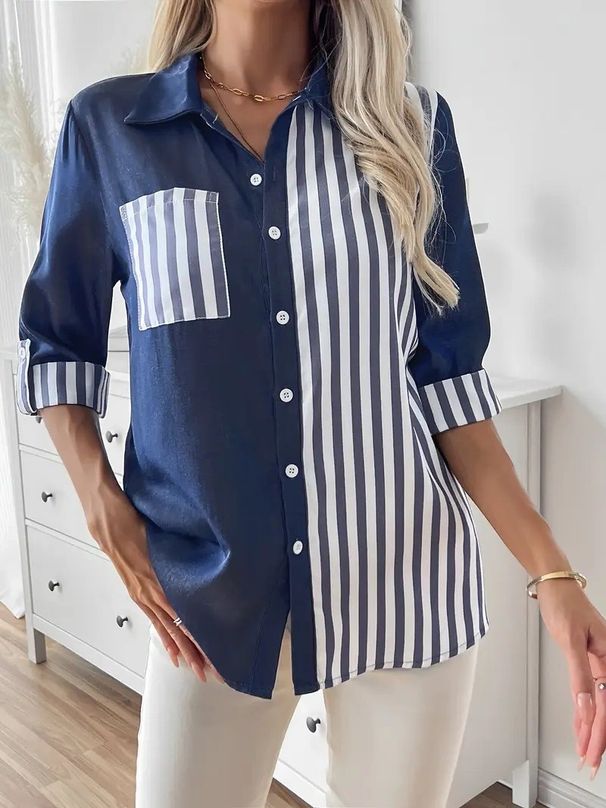 Effortless Elegance: Women's Loose-Fit Striped Color-Block Shirt With Short Sleeves For Casual & Office Wear_ecoleips.com