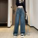 Women's Clothing High-Waisted Wide Leg Jeans Color-Block Pockets Loose Fitting Straight Leg Frayed Edges Petite Floor-Length Design_ecoleips.com